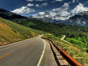 Preview wallpaper road, mountains, protection, shadow, marking