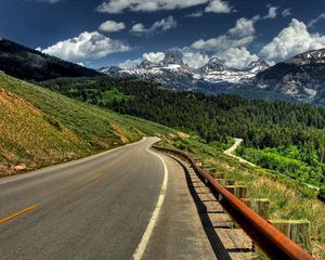 Preview wallpaper road, mountains, protection, shadow, marking