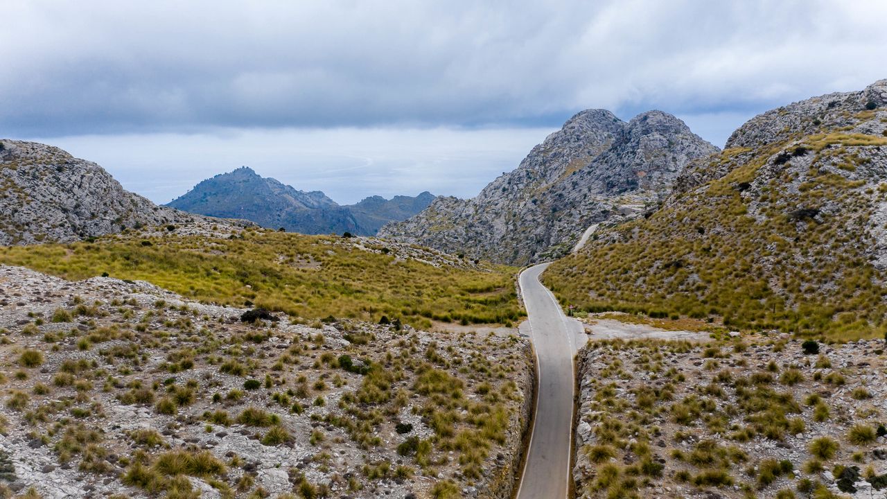 Wallpaper road, mountains, rocks, grass, sky