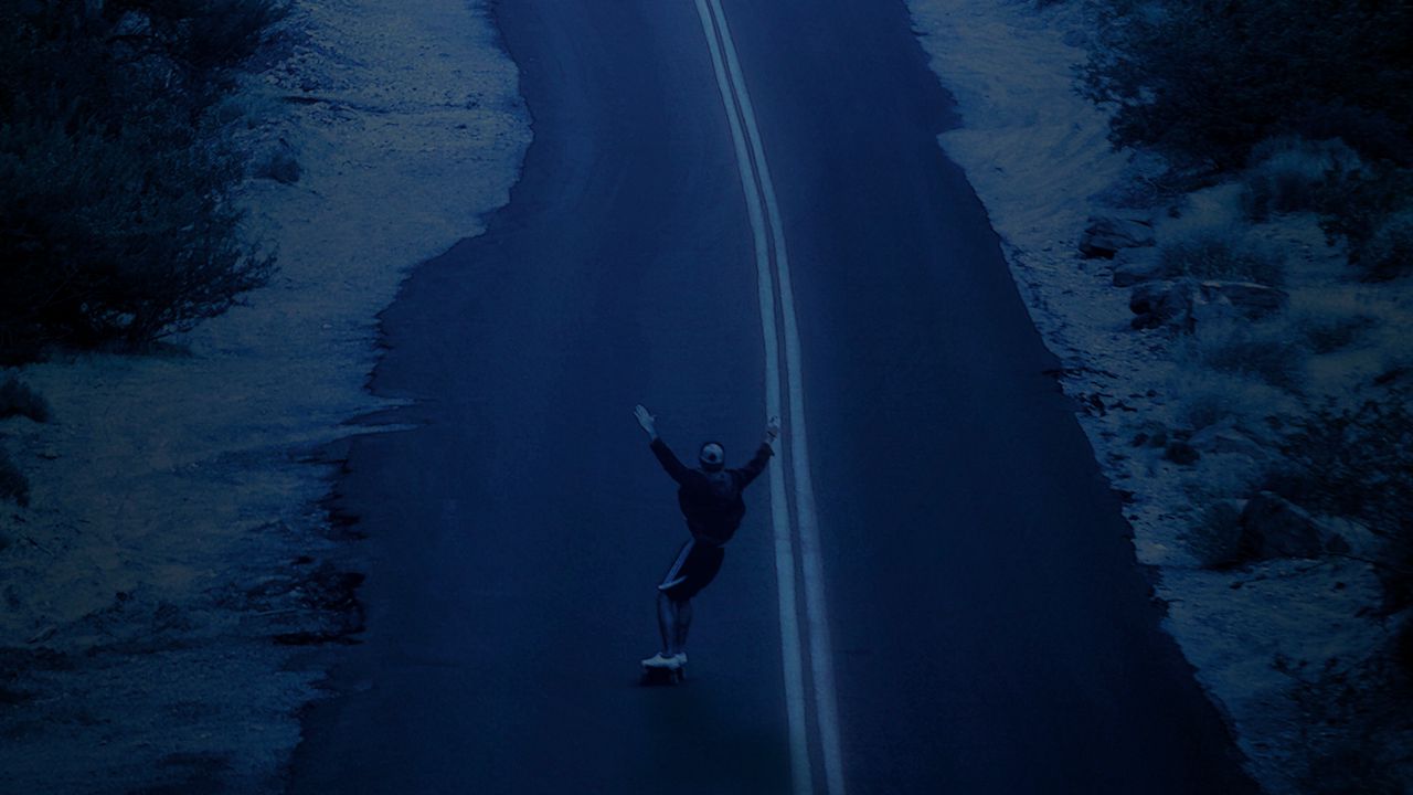 Wallpaper road, mountains, skateboarder, moon, night