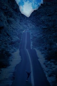 Preview wallpaper road, mountains, skateboarder, moon, night