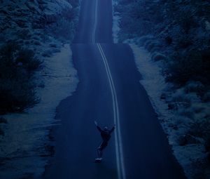 Preview wallpaper road, mountains, skateboarder, moon, night