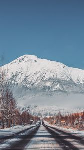 Preview wallpaper road, mountains, snow, trees, landscape, winter