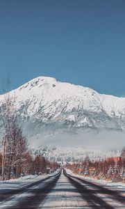 Preview wallpaper road, mountains, snow, trees, landscape, winter