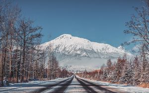 Preview wallpaper road, mountains, snow, trees, landscape, winter