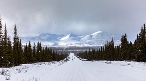 Preview wallpaper road, mountains, snow, trees, winter, landscape