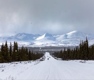 Preview wallpaper road, mountains, snow, trees, winter, landscape