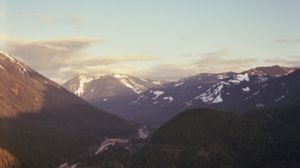 Preview wallpaper road, mountains, snow, snowy, trees