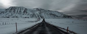 Preview wallpaper road, mountains, snow, snowy, marking