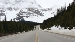 Preview wallpaper road, mountains, snow, forest, nature