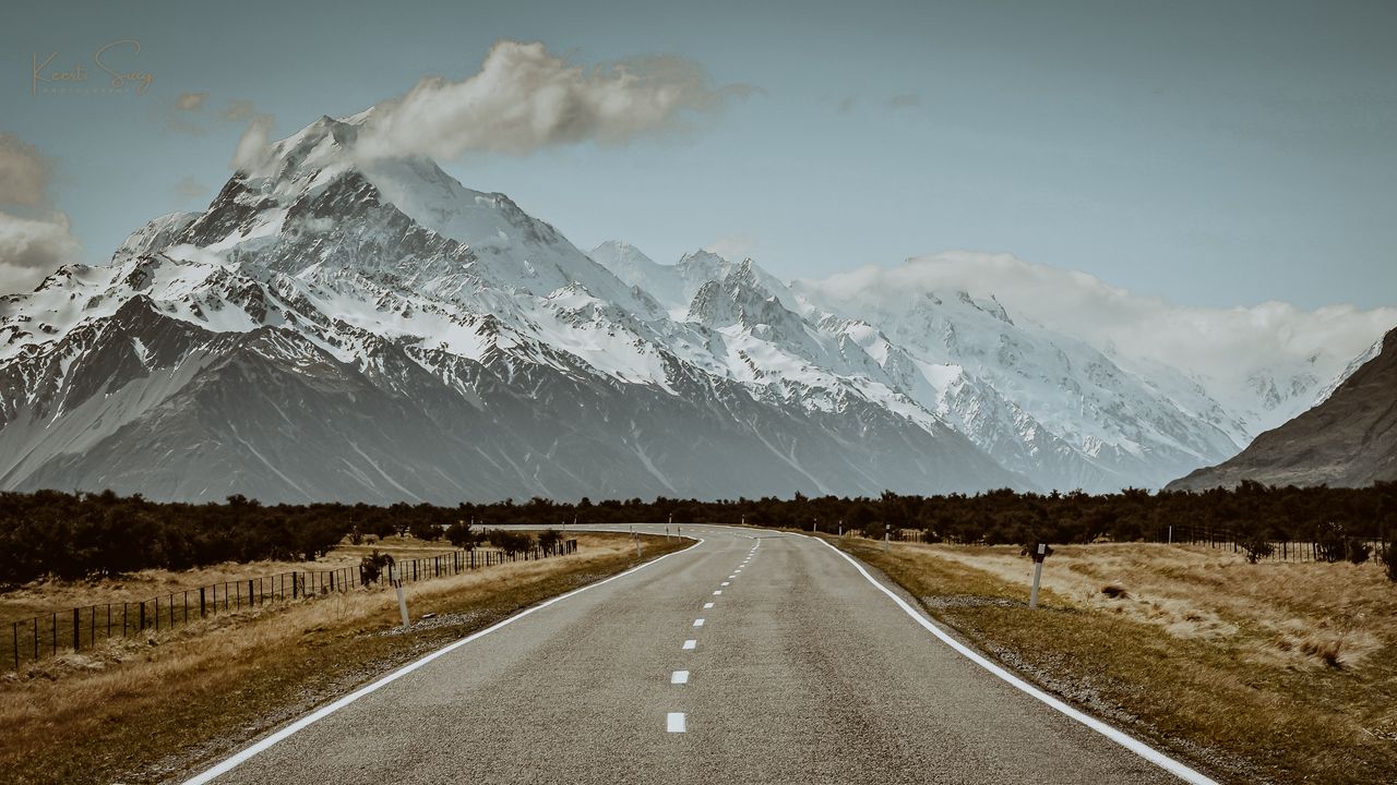 Wallpaper road, mountains, snow, clouds, landscape