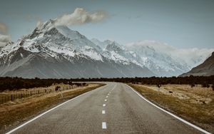 Preview wallpaper road, mountains, snow, clouds, landscape