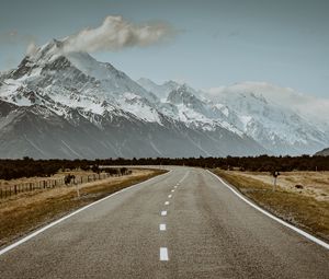 Preview wallpaper road, mountains, snow, clouds, landscape