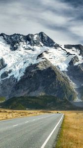 Preview wallpaper road, mountains, snow, plain