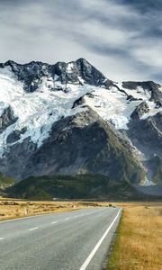 Preview wallpaper road, mountains, snow, plain