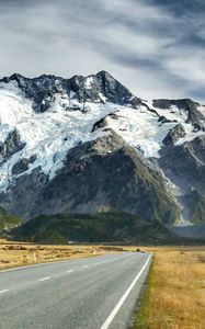 Preview wallpaper road, mountains, snow, plain