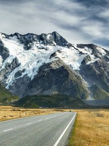 Preview wallpaper road, mountains, snow, plain