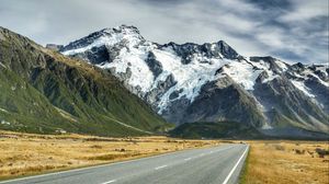 Preview wallpaper road, mountains, snow, plain