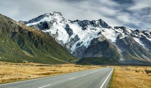 Preview wallpaper road, mountains, snow, plain