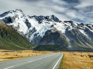 Preview wallpaper road, mountains, snow, plain