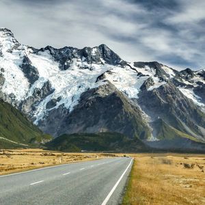 Preview wallpaper road, mountains, snow, plain