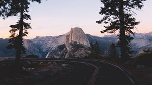 Preview wallpaper road, mountains, spruce, trees