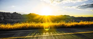 Preview wallpaper road, mountains, sun, glare, sunny