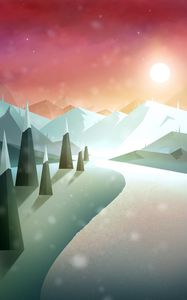 Preview wallpaper road, mountains, sun, snow, art