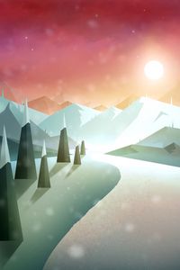 Preview wallpaper road, mountains, sun, snow, art