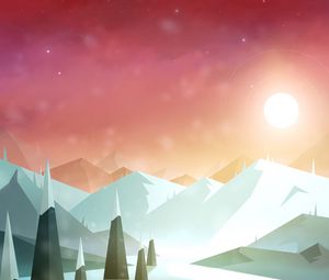 Preview wallpaper road, mountains, sun, snow, art