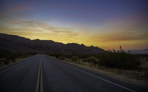 Preview wallpaper road, mountains, sunset, landscape, nature