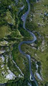 Preview wallpaper road, mountains, top view, winding, cars, cheddar, united kingdom
