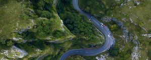 Preview wallpaper road, mountains, top view, winding, cars, cheddar, united kingdom