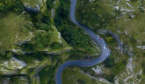 Preview wallpaper road, mountains, top view, winding, cars, cheddar, united kingdom