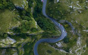 Preview wallpaper road, mountains, top view, winding, cars, cheddar, united kingdom