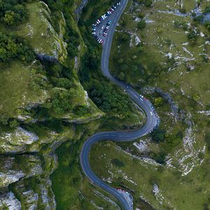 Preview wallpaper road, mountains, top view, winding, cars, cheddar, united kingdom