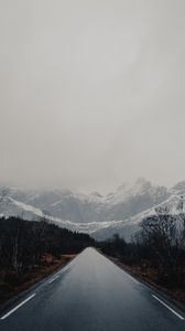 Preview wallpaper road, mountains, trees, asphalt, wet