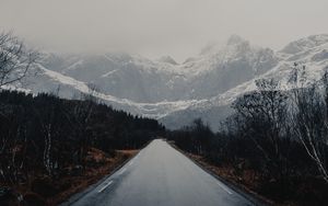 Preview wallpaper road, mountains, trees, asphalt, wet