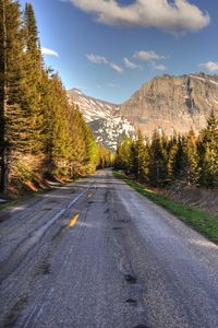 Preview wallpaper road, mountains, trees, marking, distance