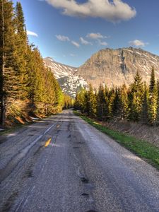 Preview wallpaper road, mountains, trees, marking, distance