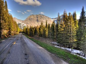 Preview wallpaper road, mountains, trees, marking, distance