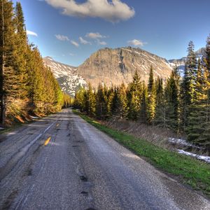 Preview wallpaper road, mountains, trees, marking, distance