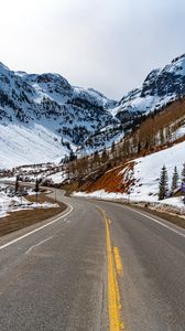 Preview wallpaper road, mountains, trees, snow, nature