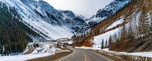 Preview wallpaper road, mountains, trees, snow, nature