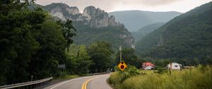 Preview wallpaper road, mountains, trees, nature, turn
