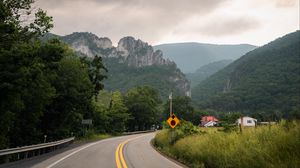 Preview wallpaper road, mountains, trees, nature, turn