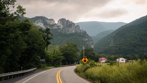 Preview wallpaper road, mountains, trees, nature, turn