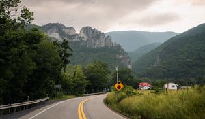 Preview wallpaper road, mountains, trees, nature, turn