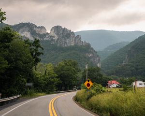 Preview wallpaper road, mountains, trees, nature, turn