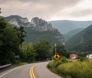 Preview wallpaper road, mountains, trees, nature, turn